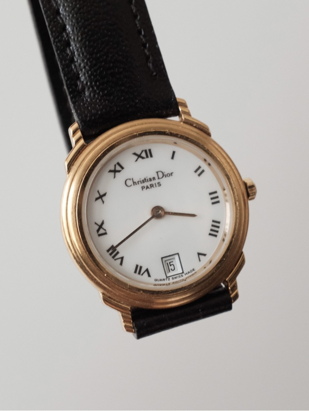 Vintage Dior Gold-Tone Case White Dial Black Leather Strap Watch
